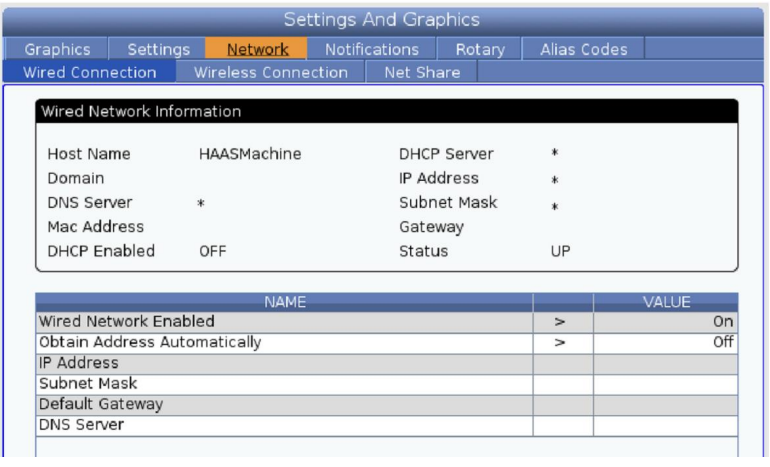 Haas NGC Wired Connection screen